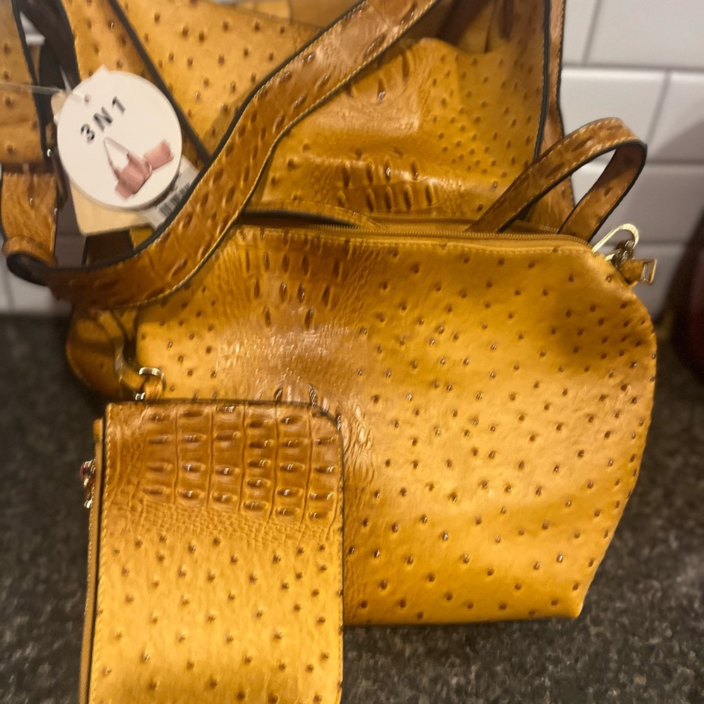 ✨ Mustard Yellow 3-in-1 Ostrich-Embossed Handbag Set ✨